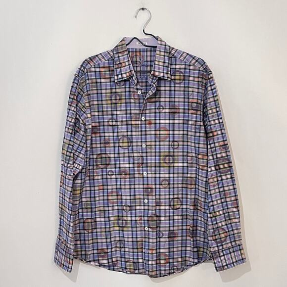 Bugatchi UOMO Button Down Dress Shirt Mens XL Purple Plaid w/ Circles Flip Cuff - Picture 1 of 10